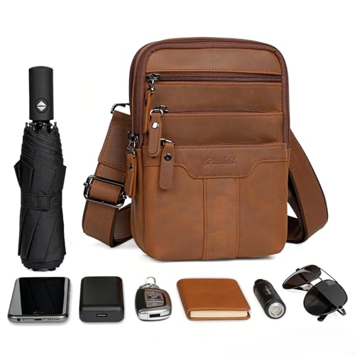 Leather Messenger Bag for Men, Small Leather Sling Shoulder Bag Messenger Pack for Men, Man Purse - color: Medium Yellowish Brown