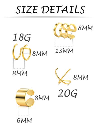 Tornito 4-10 Pairs Stainless Steel Ear Cuff Helix Cartilage Clip On Wrap Earrings Fake Nose Ring Non-Piercing Adjustable - color: B1: 4 Pairs, Gold Tone