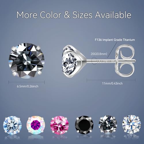 Moissanite Stud Earrings, G23 Hypoallergenic Titanium Stud Earrings for Women Men, Round Cut D Color VVS1 Clarity 18K White Gold Palted Multicolor Moissanite Jewelry, 0.6CT-3.0CT - color: Grey, size: (1.5ct*2)-7.5mm-3.0 Carat