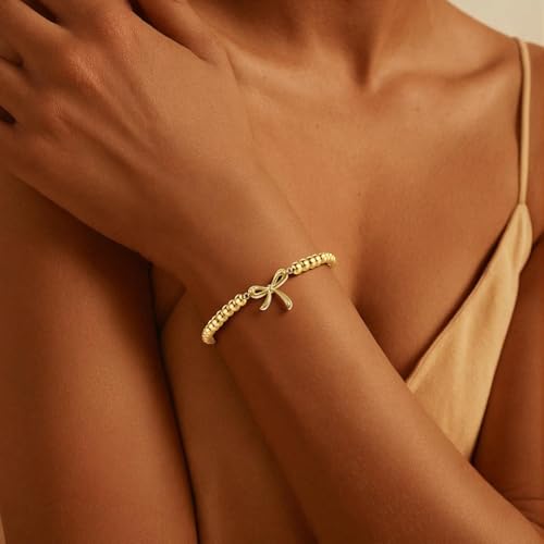 Elastic Beaded Charm Bracelets for Women - Adjustable Stackable Dainty Bracelet with Gold or Silver Charms, Jewelry Gift for Her - style: Gold-Bow