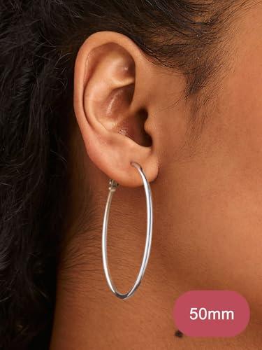 FOCALOOK 14K Gold Plated Lightweight Large Hoops| 2mm Thin Hoop Earrings for Women 30/40/50/70/100mm - color: 01.Silver, size: 50mm