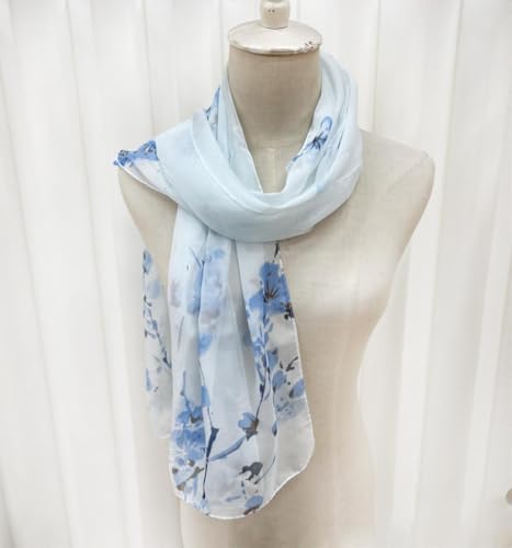 Xyueanlo Women's Chiffon Scarf Lightweight Scarves Fashion Elegant Floral Print Scarfs Shawls - color: Little Plum Blossom Blue