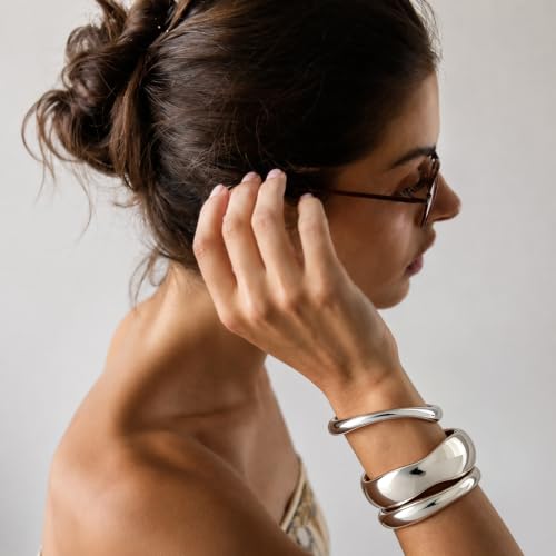 Chunky Gold Bangle Bracelets for Women Trendy 14K Gold Plated Cuff Bracelets Stack, Dainty Gold Bracelet Sets Non Tarnish Fashion Jewelry Gift - style: Silver-3pc-010