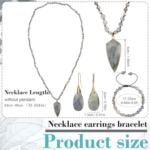 Boho Jewelry Sets for Women | 3 Pcs Natural Amethyst Labradorite Rose Quartz Beaded Long Necklace Wrap Bracelet Dangle Earrings Handmade Vintage - color: Labradorite