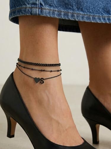 Silvora Ankle Bracelets for Women Waterproof 14K Gold/Silver/Black Initial Anklet for Women Dainty Layered Heart Ankle Bracelets Stainless Steel Adjustable Foot Chain Anklet Summer Beach Jewelry - color: Black-Stainless Steel, size: 22.V