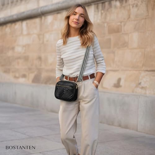 BOSTANTEN Quilted Crossbody Bags for Women Vegan Leather Purses Shoulder Handbags with Wide Strap - color: Black