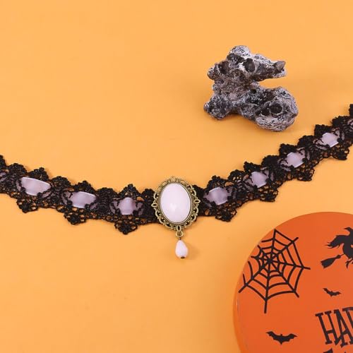 Gothic Vampire Choker Necklace for Women Adjustable Vintage Victorian Mystery Pirate Witchy Jewelry Emo Punk Black Lace Choker Costume - color: white