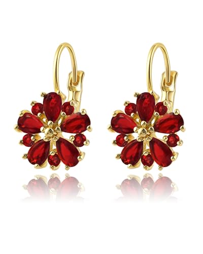 Vintage 14K Gold Plated Flower Birthstone Earrings - Hypoallergenic Leverback Floral Earrings, Trendy Jewelry Gifts for Women - color: Ruby