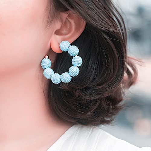 Raffia Hoop Earrings Statement Boho Beaded Earrings Cute Rattan Handmade Colorful Jewelry for Women Unique Summer Outfits - color: Light Blue