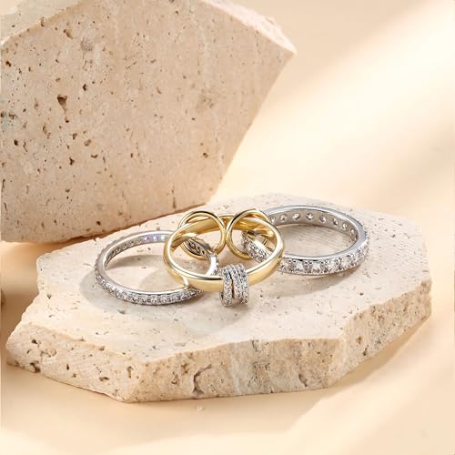 PATISORNA Gold Stackable Rings for Women Non Tarnish 18K Gold Plated Interlocked Stack Rings Set Silver Gold Mixed Metals Multi Ring Statement Thumb Rings Cubic Zirconia Connected Bands Fashion Jewelry Gifts - color: Three Circles Bands & CZ