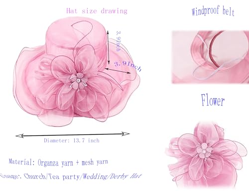 ORIDOOR Women’s Organza Church Tea Party Wedding Fascinator Derby Hat Wide Brim Sun Hats - color: C2-light Pink