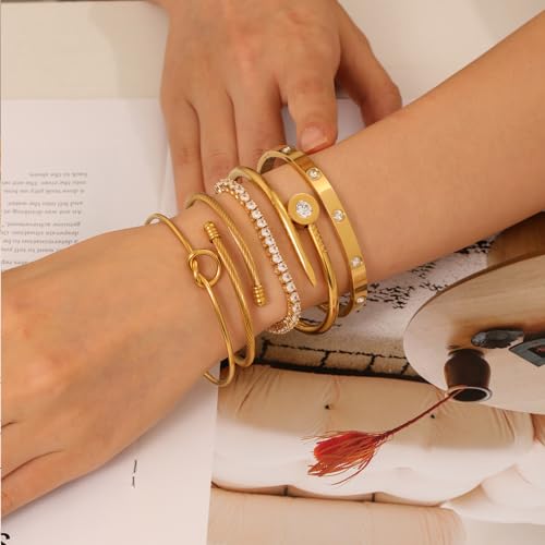 18 K Gold Plated Love Bangle Bracelet Stack Cuff Jewelry for Women Jewelry Set for Women Gift with Box - style: style2