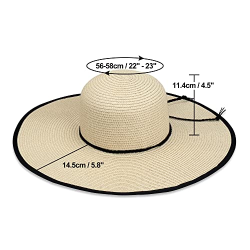 Women Wide Brim Sun Hat UPF50 Straw Summer Hat Floppy Beach Hat Roll-Up - color: Tie White