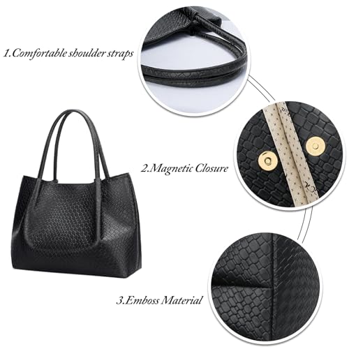KKXIU Tote Bag for Women Vegan Leather Shoulder Purse Large Capacity Travel Bag - color: Black02