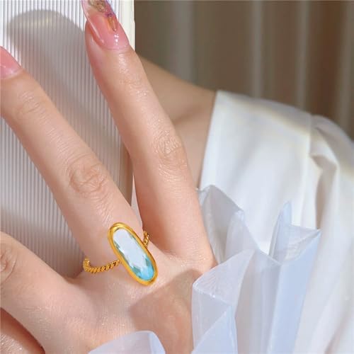18K Gold Plated Adjustable Twisted Rings for Women Non Tarnish Oval Czech Glass Stone Stainless Steel Statement Rings Open Gemstone Boho Stackable Band Jewelry - color: Light Blue