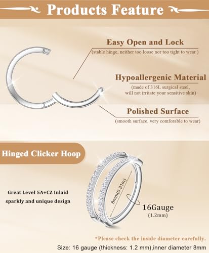 Small Cartilage Double/Triple-Hoop Helix Conch Piercing Earrings With Cubic Zirconia For Women Trendy 14K Gold Plated Titanium Surgical Stainless Steel Sets Nose Rings Hoops Septum Rings - color: Silver, style: C-4Pairs-16Gauge-Double CZ hoop
