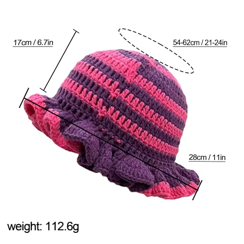 Handmade Crochet Bucket Hat for Women Boho Chic Slouchy Design Colorblock Ruffled Brim Festival&Daily Crochet Hat - color: Purple Rose Red Stripe