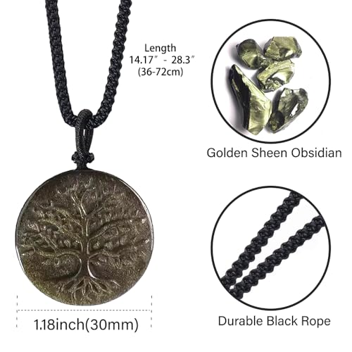Obsidian Tree of Life Necklaces Orgonite Healing Crystal Stone Pendant Necklace for Spiritual Healing and Meditation Energy Talisman Sacred for Men Women - color: Gold Sheen Obsidian