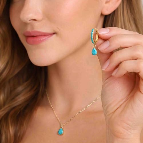14K Gold Plated Small Huggie Hoop Earrings Set for Women, Hypoallergenic Dainty Sterling Silver Dangle Studs for Cartilage Helix, Lightweight Trendy Cute Stack Birthstone Jewelry Gift - color: Turquoise_Gold