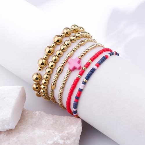 Gold Beaded Bracelets for Women: 14K Gold Bracelets for Women Trendy Dainty Gold Ball Bracelet Stack for Womens - Boho Stretch Bracelets Jewelry Sets with Cross Fashion Accessories Gifts for Women - style: Pink Cross