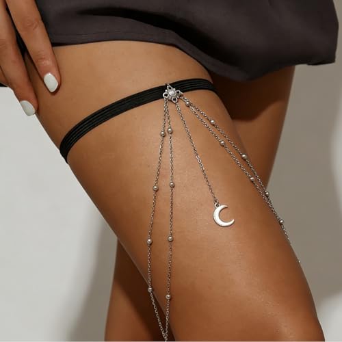 Snake Leg Chain for Women, Sexy Serpent Charm Thigh Garter, Summer Bikini Skirt Beach Party - style: E moon silver
