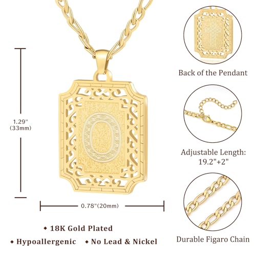 LETFLY Initial Necklaces for Women Men, 18K Gold Plated Letter Cross Pendant Necklace Alphabets A-Z Figaro Chain Jewelry Gifts - color: Square, style: Letter O