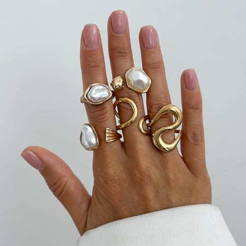 Chunky Gold Pearl Rings for Women Vintage Baroque Pearl Rings Set Open Stacking Pearls Ring Set Irregular Geometric Pearls Ring Boho Prom Costumes Fashion Jewelry Accessories - style: 5PCS C