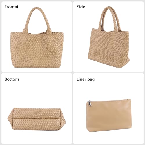 Woven Tote Bag Womens Purse Vegan Leather Shoulder Handbags Fashion Summer Beach Tote Bags Large Travel Totes - color: Apricot