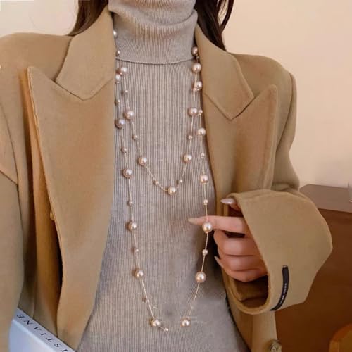 Layered Pearl Necklaces for Women Big Pearl Long Chain Necklace Dainty Faux Pearl Necklaces Statement Sweater Strand Chain Jewelry - style: champagne