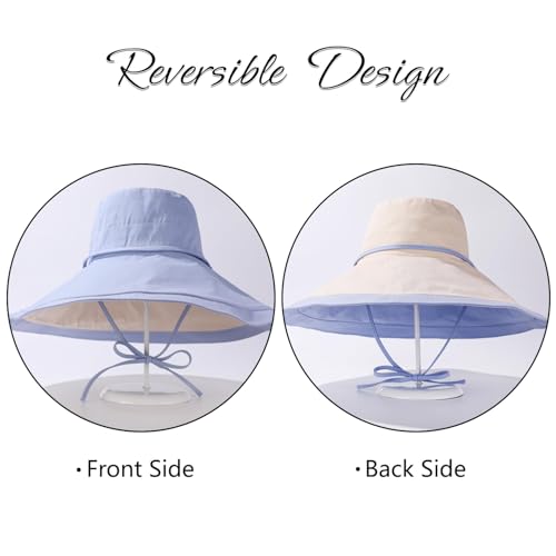 Wide Brim Sun Hat for Women Reversible Beach Hats Metal Wired Edge Gardening Hats, UPF 50+ Bucket Summer Hat - color: Blue Beige