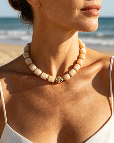 Chunky Beaded Statement Necklace for Women Trendy Colorful Boho Resin Bead Choker Necklaces Summer Handmade Jewelry Gifts Accessories - color: Gold Shell-like color -1