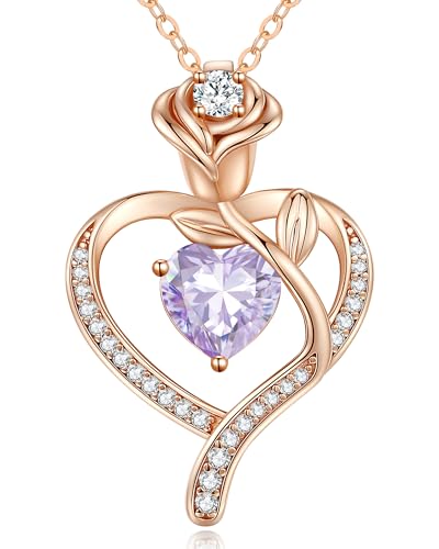 LOUISA SECRET Rose Flower Heart Birthstone Necklaces for Women, 925 Sterling Silver Jewelry, Pendant Heart Necklaces Birthday Anniversary Christmas Gift for Women Wife Mom Girlfriend Lady - color: Rose Gold-06-Jun