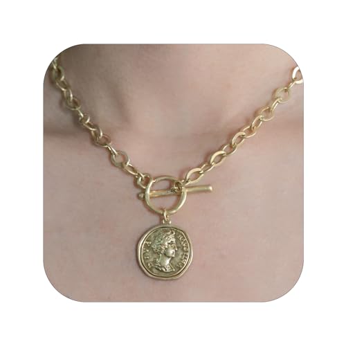Chunky Gold Coin Pendant Necklace Trendy Layered Statement Chain for Women, Antique Toggle Design with Thick Link, Fashionable Necklaces for Women - color: Worn Gold