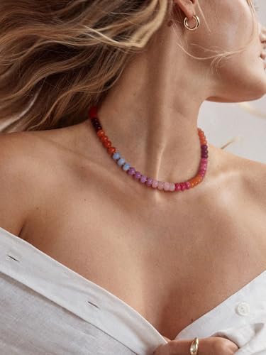 CANEVINKA Bohemian Beaded Choker Necklace 18K Gold Plated Bead Pendant Necklace Vintage Handmade Jewelry for Women - style: Red Rainbow