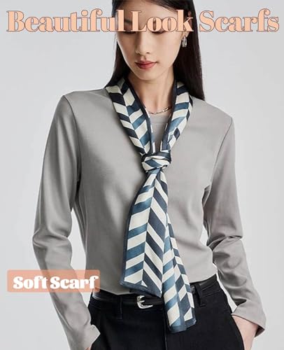 kcctoo 59” Long Silk Like Head Scarf Women's Fashion Square Neck Satin Scarfs for Bag Hair Scarves Gift 59 * 5.9” - color: Y4 Serrated Dark Blue 59" X 5.9"