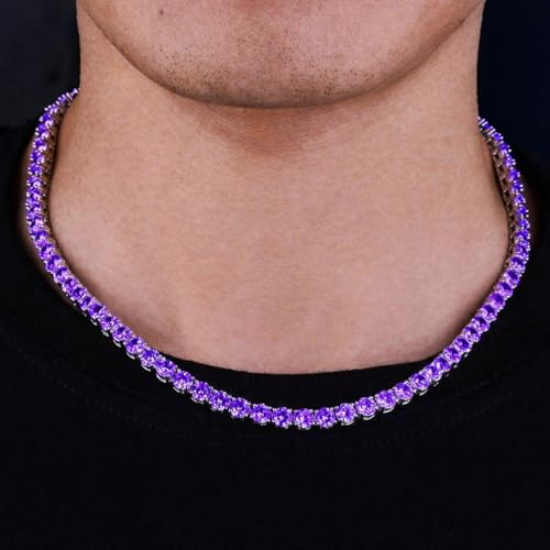 Savlano 18K Gold Plated Cubic Zirconia Round 4.5MM Classic Tennis 18 Inches Chain Necklace For Women & Men Comes With a Gift Box - color: White Gold-Purple CZ