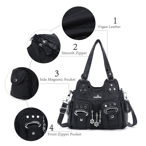 Angel Kiss Small Hobo Purses for Women, Washed Vegan Leather Multi-Pocket Purse, Shoulder Handbag with Adjustable Strap - color: Black