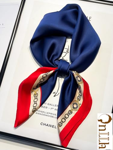 Silky Scarf for Women Lightweight Satin Bandanas Neck Hair Wrap For Sleeping Head Scarves 27.5" - color: A14 Blue & Chain/27.5"
