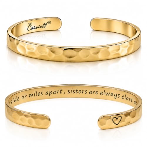 Carviell Bracelet - Gifts for Women – Inspirational, Friendship, Love, Mom, Daughter, Sister, Christian, Graduation, Memorial & Wedding Gifts – 100+ Phrases – Stainless Steel, Gift-Ready - style: SISTER'S Gift - Side by side or miles apart, sisters are al