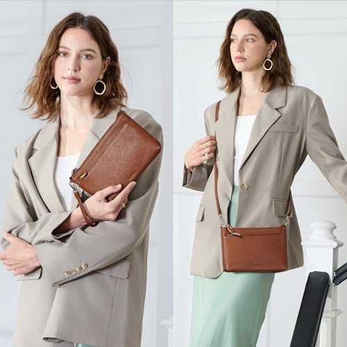 befen Genuine Leather Wristlet Clutch Wallet Purses with RFID Blocking, Small Crossbody Bags Shoulder Handbag for Women - color: Deep Brown