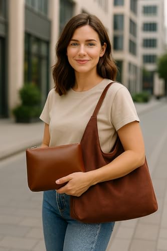 Large Work Tote Bags for Women, Boho Slouchy Suede Purses Handbags - color: Brown