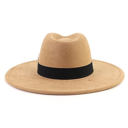 LIDHAY Big Wide Brim Fedora Hats for Women Men Western Suede Hat Panama Hat Outdoor Hats - color: Camel