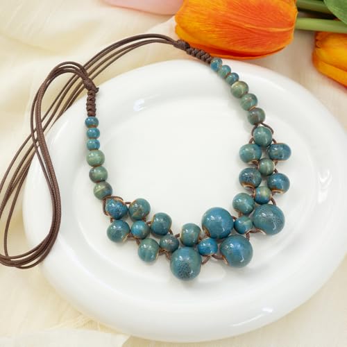 Boho Round Colorful Ceramic Beaded Necklace, Adjustable Hippie Statement Necklace, Handmade Ethnic Jewelry Gift for Women - color: Turquoise Blue