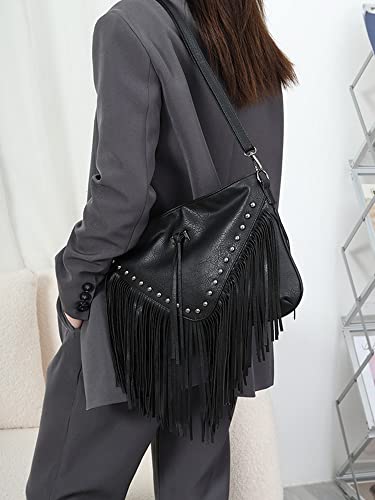 Hoce Women’s Leather Fringe Messenger Bag Large Hobo Crossbody Tassel Shoulder Bags, Gift for Mom Wife Girlfriend - color: Black