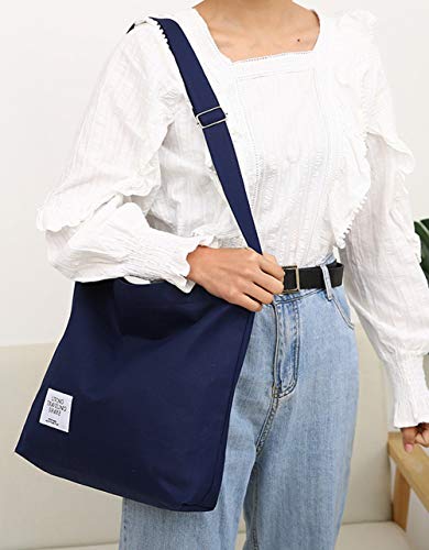 Covelin Women's Retro Large Size Canvas Shoulder Bag Hobo Crossbody Handbag Casual Tote - color: Navy Blue