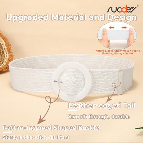 SUOSDEY Straw Woven stretchy Waist Belt for Women Dresses,Wide Boho Braided Elastic Belt with Round Buckle - color: 04-white, size: Fits waist from 28"-32"