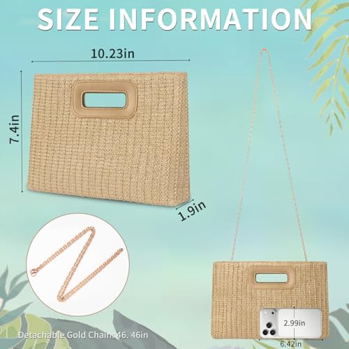 Beach Clutch Bag Straw Summer Clutch Purses for Women Handmade Woven Purse Detachable Gold Chain, Crossbody - color: Khaki