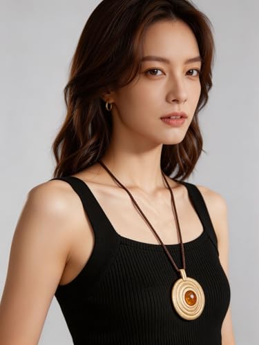 Kelake Leather Necklace for Women Men Teen Vinatge Boho Alloy Pendant Choker Jewelry Fashion Sweater Necklaces with Adjustable Genuine Leather Chain - color: Brown Jade Gold Concentric Circle Pendant