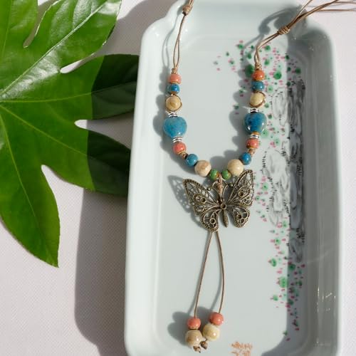 Boho Style Colorful Ceramic Bead Strand Necklace Adjustable Bohemian Jewelry Gift for Women, Fashion Clothing Matching Necklace - color: Multi