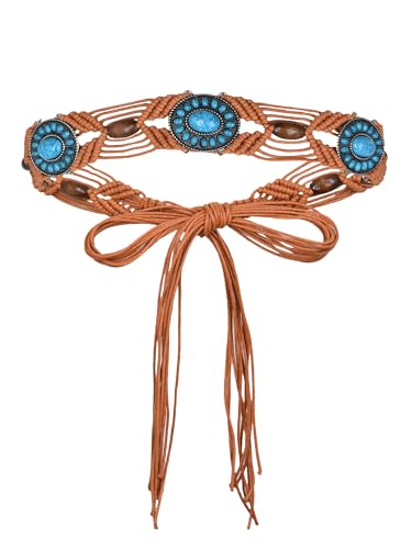 TeeYee Women's Waist Belt Adjustable Boho Style Handwoven Bohemia Tassel Rope Tie with Wooden Beads Braided Chain for Dress - color: Bw0272tan